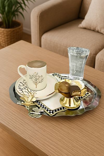 Yaren Style 6-Piece Luxury Oval Coffee Presentation Tray |   Stainless Coffee, Tea, Decorative Tray with Butterfly Accessories 25X20Cm