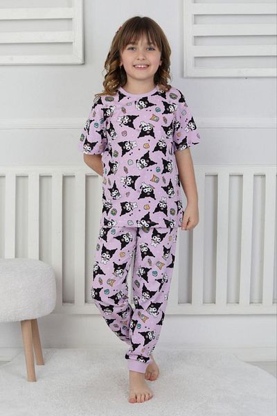 Yağmur Giyim İsob Lilac Kuromi Patterned 100% Cotton Girl's Short Sleeve Pajama Set 8-13 Years 41412-L