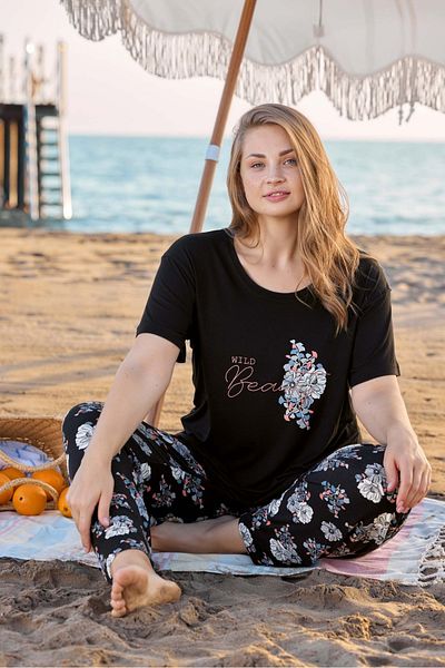 Aydoğan 200252   Battal Viscose Short Sleeve Black Pajama Set