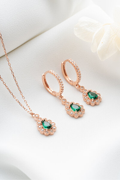 Silvano Jewelry 925 Ayar Gümüş Zümrüt Yeşili Damla Kolye Küpe Seti