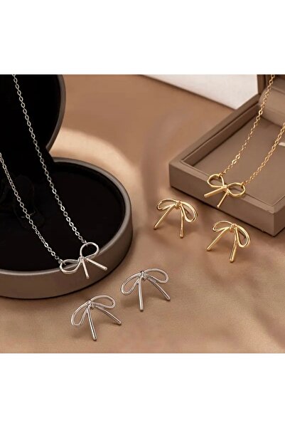 monalisatoka Kadın Gümüş,Gold Fiyonk Kolye,Küpe Seti