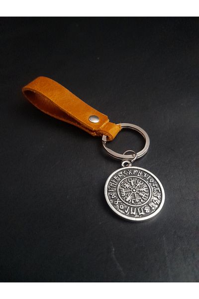 BSN Store Real Leather Keychain Accessory with Nordic Compass Vegvisir Figure