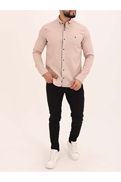 cliento Bej Slimfit Ottoman Kumaş Likralı Örme Fitilli Erkek Gömlek