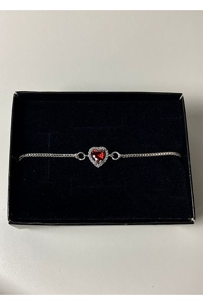 Tixy Pixy Red Zircon Stone Heart Adjustable Silver Stainless Steel Women's Bracelet