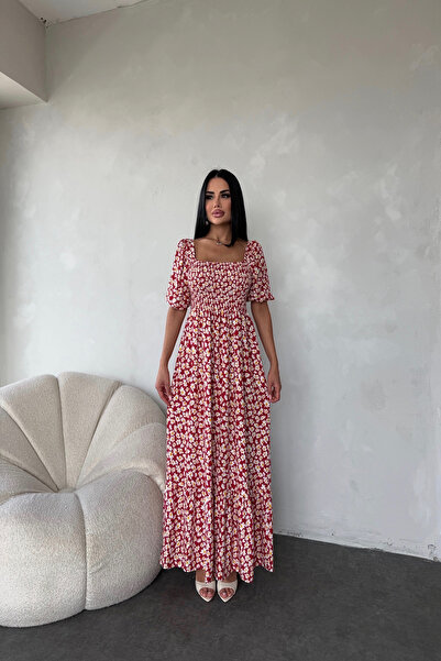 KAMACI BUTİK Kare Yaka Çiçek Desenli Elbise (Standart Beden S/M/L/XL Uyumlu)