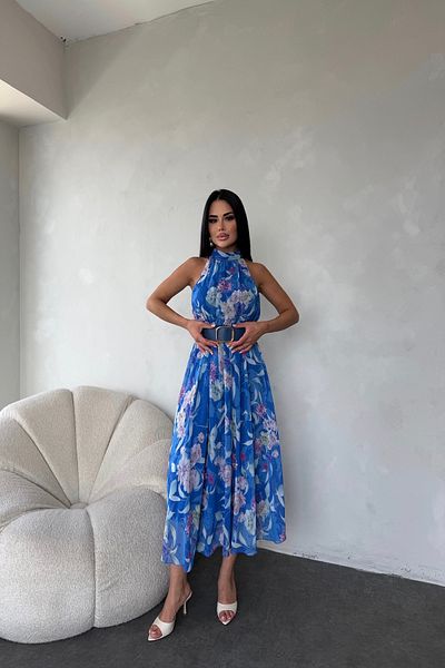 kamacibutik Turtleneck Zero Sleeve Floral Print Belt Dress