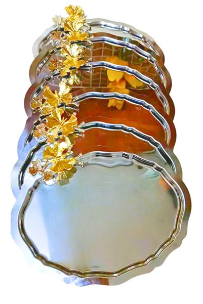 Yaren Style 6-Piece Luxury Oval Coffee Presentation Tray |   Stainless Coffee, Tea, Decorative Tray with Butterfly Accessories 25X20Cm