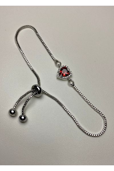 Tixy Pixy Red Zircon Stone Heart Adjustable Silver Stainless Steel Women's Bracelet