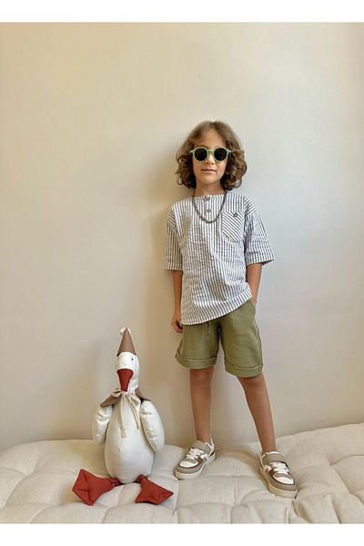 patriko tekstil Boy's Striped Cotton Fabric Shirt Cotton Muslin Shorts Bottom Top Set