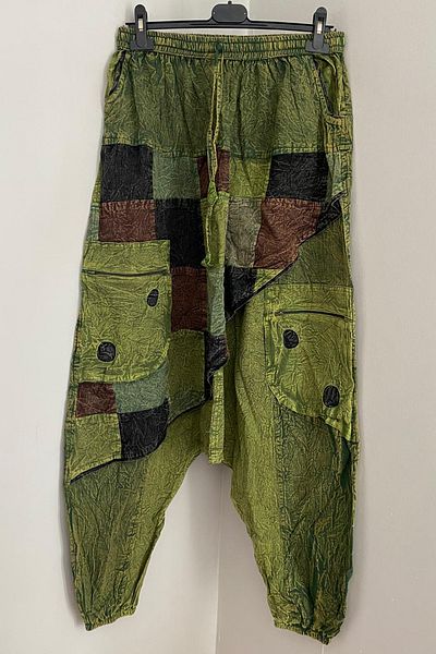 AYASOFYA OTANTIK Unisex Green Ethnic Patterned Covered Loose Hippie Baggy Trousers with Elasticated Waist