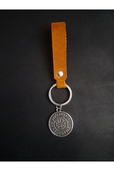 BSN Store Real Leather Keychain Accessory with Nordic Compass Vegvisir Figure