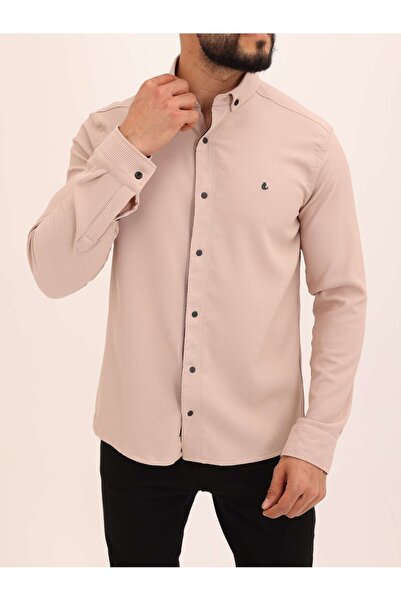 cliento Bej Slimfit Ottoman Kumaş Likralı Örme Fitilli Erkek Gömlek