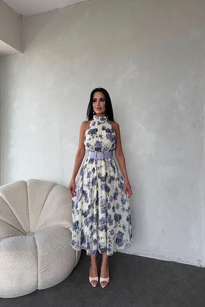 kamacibutik Turtleneck Floral Print Belted Summer Dress