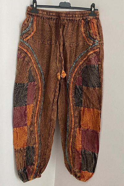 AYASOFYA OTANTIK Unisex Nepalese Brown Ethnic μοτίβο με ελαστική μέση και πόδια με τσέπες Casual Hippie Bohemian παντελόνι