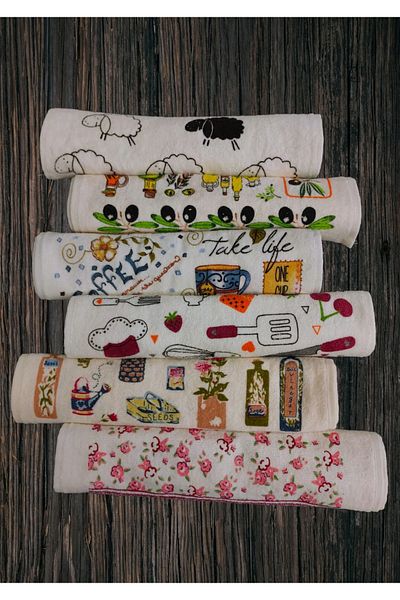 yörük tuhafiye Set of 6 Kitchen Towels 30X50 Cm., Printed Towels with Pictures, Patterned Cream Kitchen Towels Drying Cloth