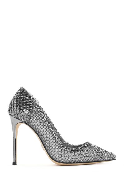 Derimod Women's Silver Stone High Thin Heeled Leather Stiletto 25Sfd1214Ts