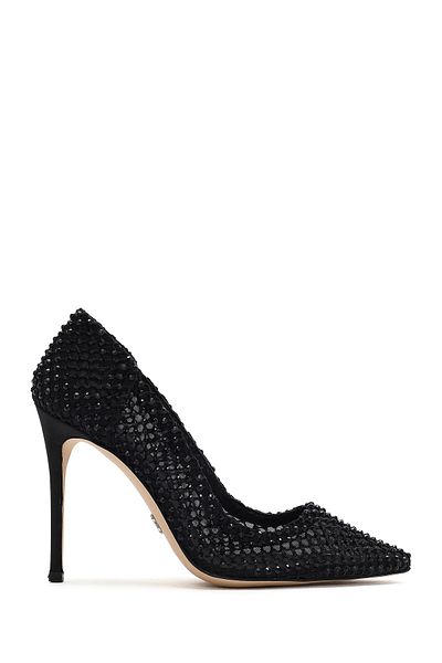 Derimod Women's Black Stone High Thin Heeled Leather Stiletto 25Sfd1214Ts