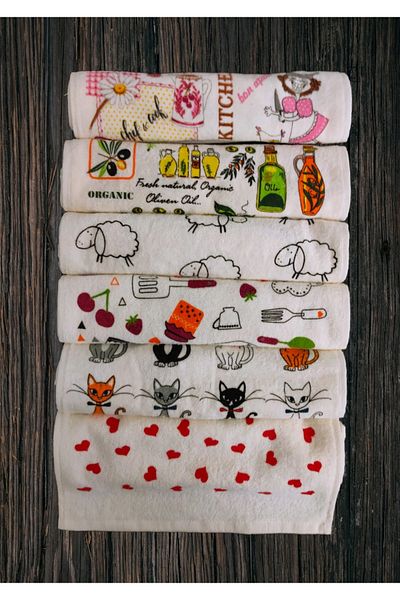 yörük tuhafiye Set of 6 Kitchen Towels 30X50 Cm., Printed Towels with Pictures, Patterned Cream Kitchen Towels Drying Cloth