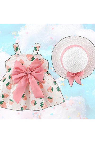 darko Pembe Beyaz Çilek Limon Elbise Fötr Şapka Set Kurdeleli Kız Bebek Çocuk...