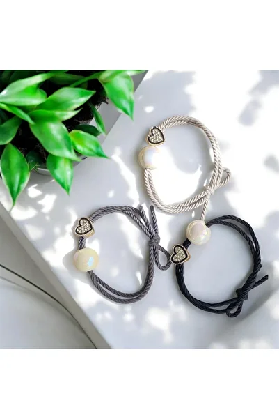 Twinssis Accessories Set of 3 Stoned Heart Detailed Horsetail Hair Rubber Buckles