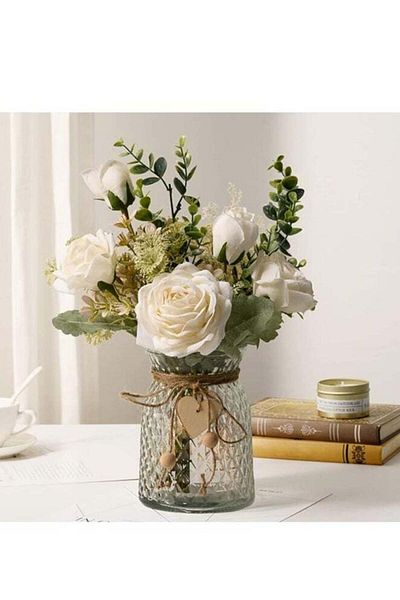 Generic DUNISO Fake Flowers, Silk Roses Artificial Flowers in Vase, White Faux Flower Arrangement