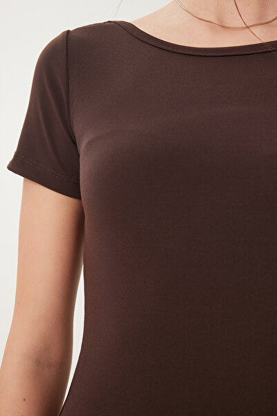 Happiness İstanbul Γυναικείο Πλεκτό Φόρεμα Καφέ Πίσω Χαμηλό Μακρύ Αμμώδες Πλεκτό DZ00115