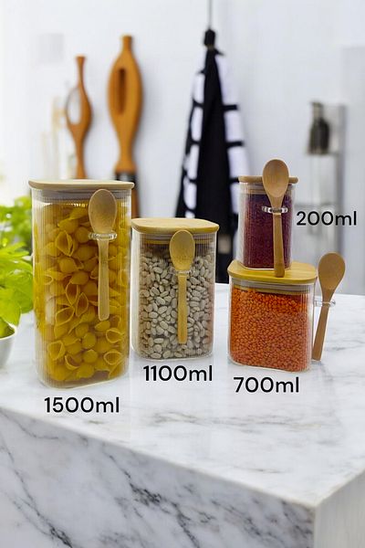 Kitchen Way Bamboo Spoon, 4-Piece Glass Jar with Gasket Cover, Spice and Food Storage Set (Kw-373 Series)