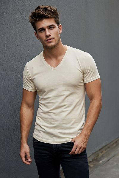 Trendyol Collection Bavlněné tričko Slim Fit s krátkým rukávem a výstřihem do V v norkové barvě - Tmnss19Bo0002