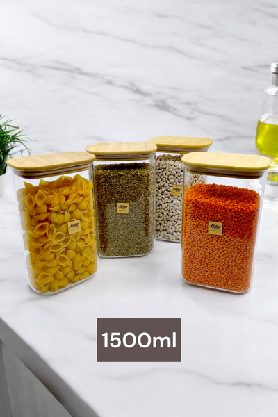 Kitchen Way Bambu Conta Kapaklı 4 Lü Cam Kavanoz Set 1500ML Borosilikat Bahar...