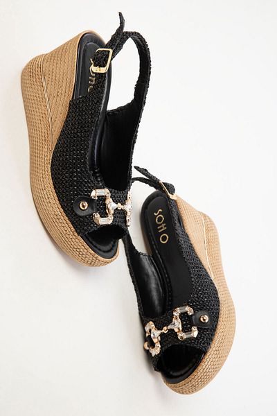 SOHO 20483 Schwarze Stroh-Damenschuhe mit Keilabsatz
