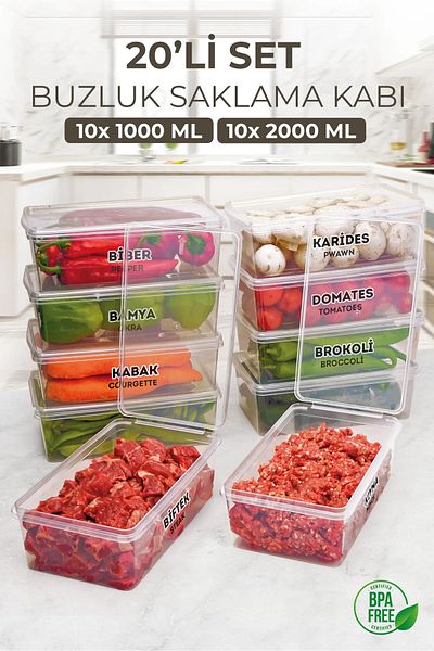 Kitchen Life 20 Pieces Deep Freezer Freezer Storage Container with Lid - Refrigerator Organizer 10X(1000ml) 10X(2000ml)