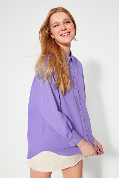 Trendyol Collection Világoslila egyzsebű barát/széles szabású pamut szőtt ing TWOAW20GO0115