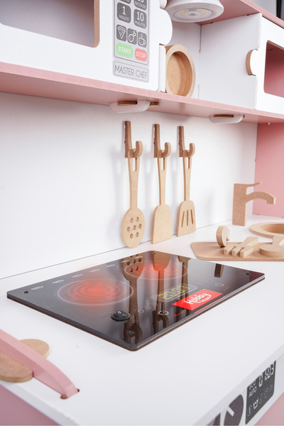HOBBY HOUSE Led Ocaklı Ahşap Oyuncak Mutfak Tezgahı - Pembe