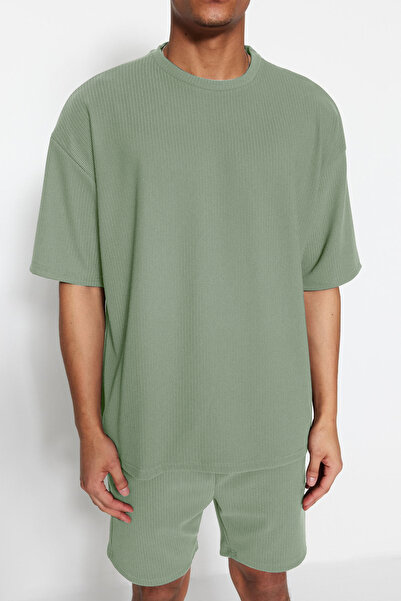 Trendyol Collection Μπλουζάκι με υφή με υφή με λαιμόκοψη Oversize Mint Premium - TMNSS23TS00081