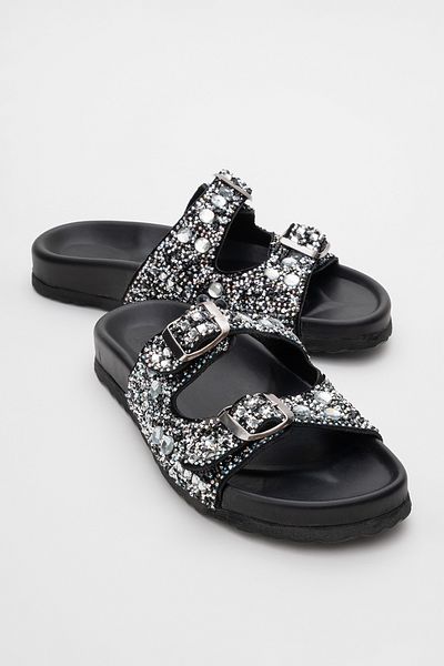 LuviShoes Γυναικείες παντόφλες LEILA Μαύρη Πέτρα με λεπτομέρειες από γνήσιο δέρμα με διπλή ζώνη