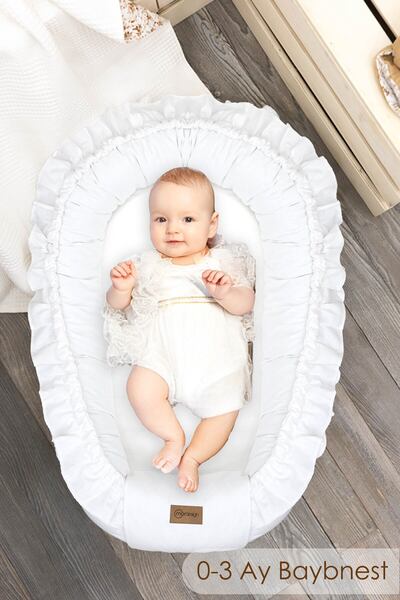 mordesign Mevlüt Yatağı, 0-3 Ay Bebek Yatağı, %100 Pamuk Babynest, Anne Yanı Bebek Yatağı, Small Ruffle Serisi