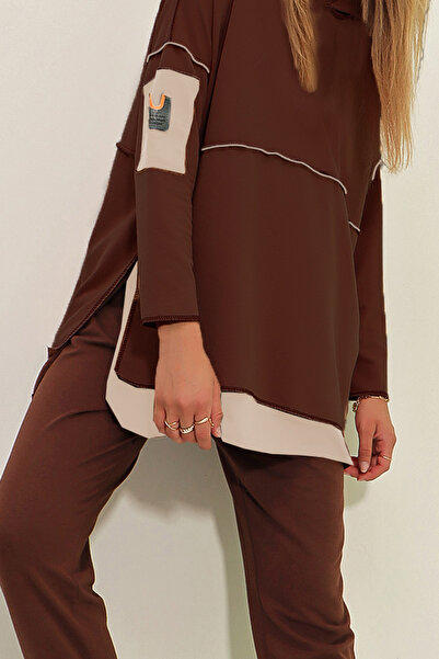 Trend Alaçatı Stili Women's Brown Layered Hooded Sweatshirt and Sweatpants Two-Piece Set ALC-X7144