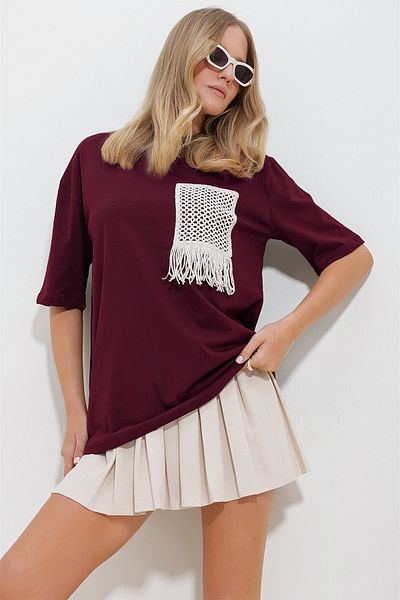Trend Alaçatı Stili Women's Burgundy Crew Neck Knit Pocket Two Thread T-Shirt Alc-X11587