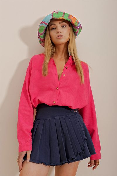 Trend Alaçatı Stili Damska lniana koszula oversize w kolorze fuksji ALC-X10343