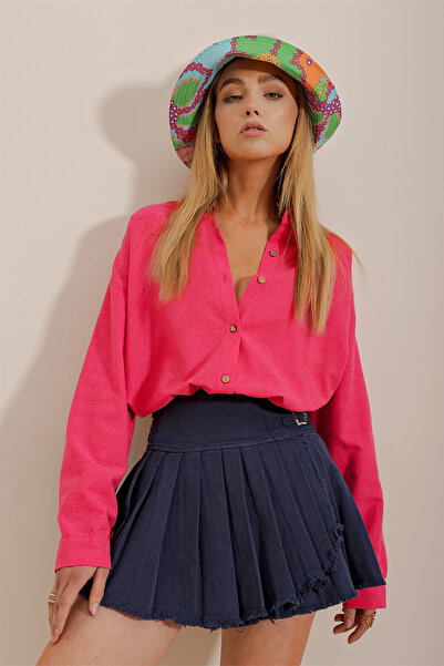 Trend Alaçatı Stili Női fukszia nagyméretű lenvászon ing ALC-X10343