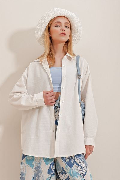 Trend Alaçatı Stili Dámská ecru oversize plátěná košile ALC-X10343