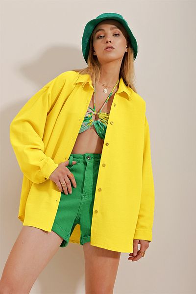 Trend Alaçatı Stili Női sárga oversize vászon ing ALC-X10343