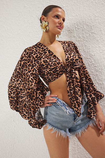 Trendyol Collection Leopárdmintás Crop Woven Flounces strandblúz TBESS19BB0095