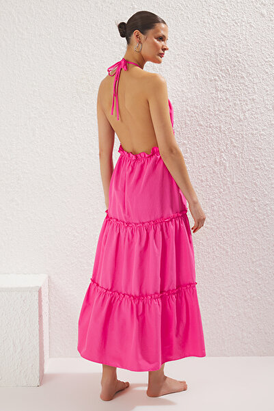 Trendyol Collection Růžové pruhované maxi tkané volánové plážové šaty TBESS24EL00091