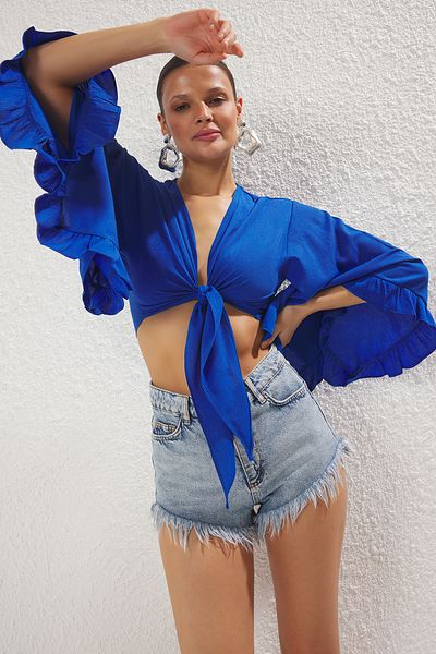 Trendyol Collection Bluzka plażowa Saks Crop Woven Flounce TBESS19BB0095