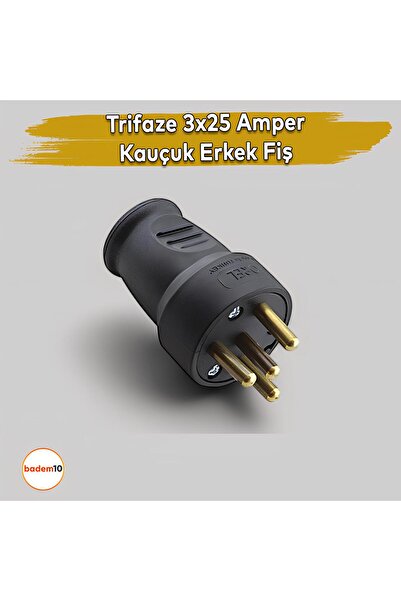 Badem10 Trifaze Kauçuk Erkek Fiş 25 Amper 380 Volt Sanayi Tipi 3 Kanallı Kablolar için Güçlü Fiş