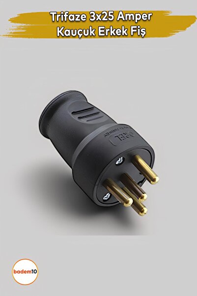 Badem10 Trifaze Kauçuk Erkek Fiş 25 Amper 380 Volt Sanayi Tipi 3 Kanallı Kablolar için Güçlü Fiş