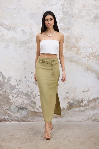Trendyol Collection Spódnica maxi z tkaniny w kolorze khaki z rozcięciem z boku i wzorem lnianym Twoss25Et00124