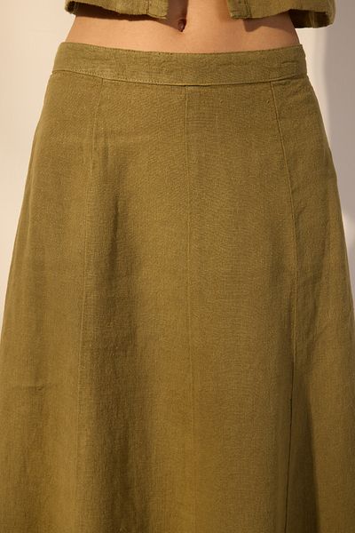 Trendyol Collection Khakifarbener Midi-Volantrock aus 100 % Leinen TWOSS25ET00137