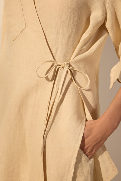 Trendyol Collection Cămașă bej 100% in, cu șireturi, cu detaliu TWOSS25GO00129